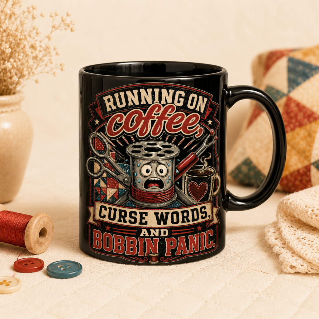 Coffee, Curse Words & Bobbin Panic Quilting Mug
