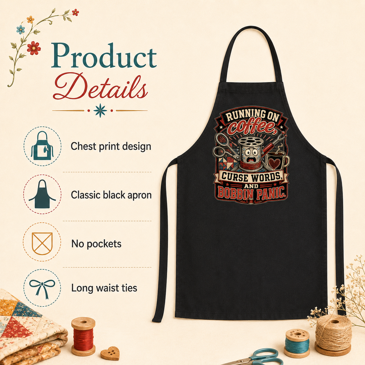 Coffee, Curse Words & Bobbin Panic Quilting Apron - Image 3