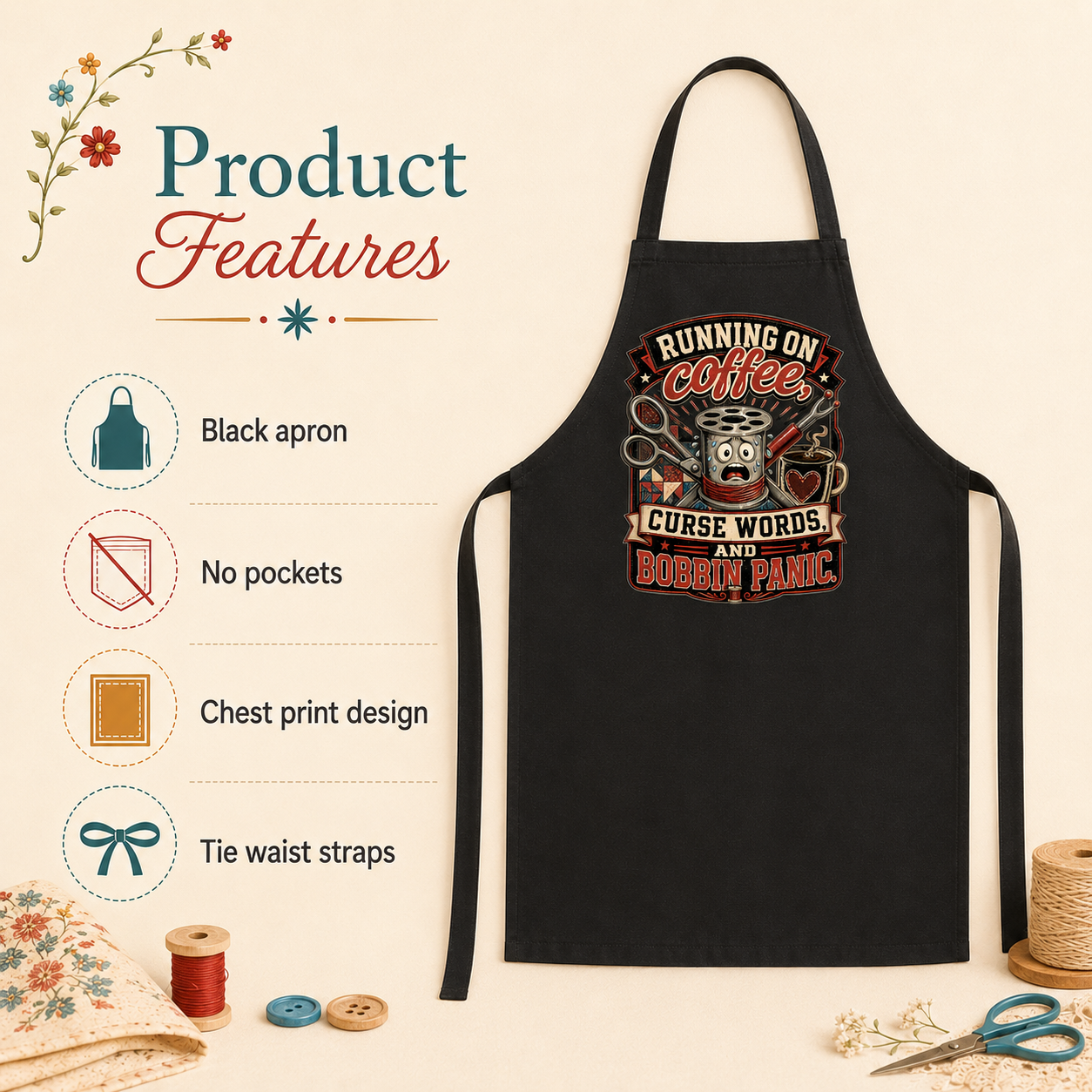 Coffee, Curse Words & Bobbin Panic Quilting Apron - Image 5