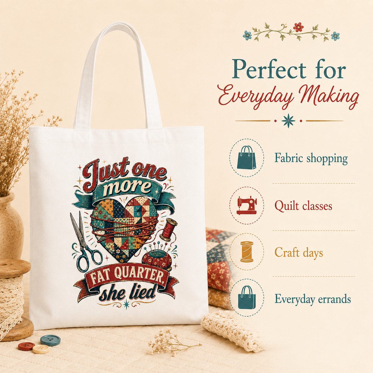 Just One More Fat Quarter Quilting Tote Bag - Image 3