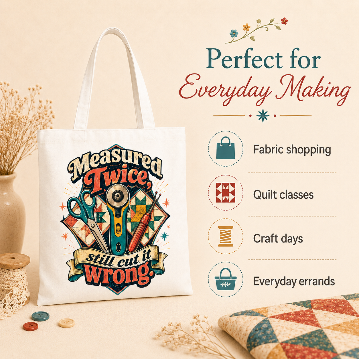 Measured Twice, Still Cut It Wrong Quilting Tote Bag - Image 2