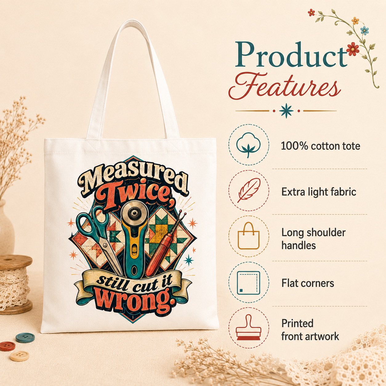Measured Twice, Still Cut It Wrong Quilting Tote Bag - Image 5