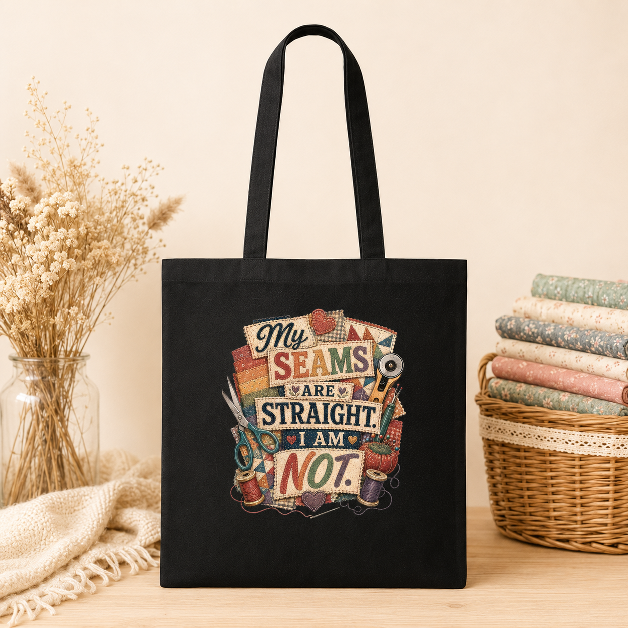My Seams Are Straight. I Am Not. Black Cotton Tote Bag