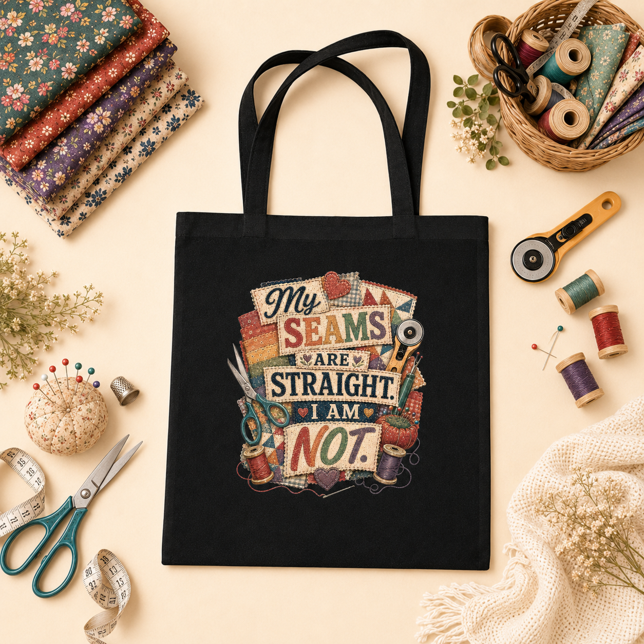 My Seams Are Straight. I Am Not. Black Cotton Tote Bag - Image 3