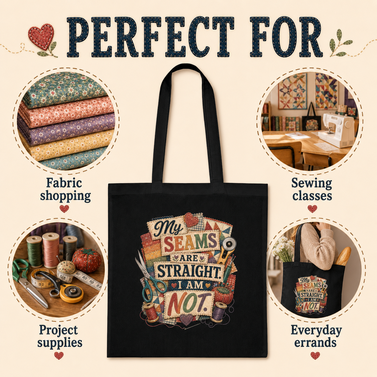 My Seams Are Straight. I Am Not. Black Cotton Tote Bag - Image 2