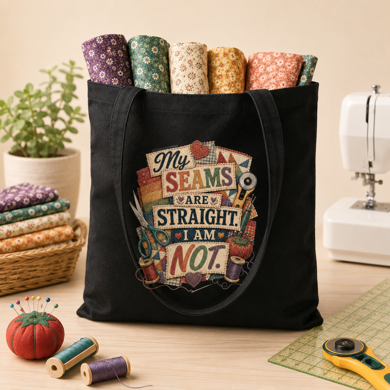 My Seams Are Straight. I Am Not. Black Cotton Tote Bag - Image 6