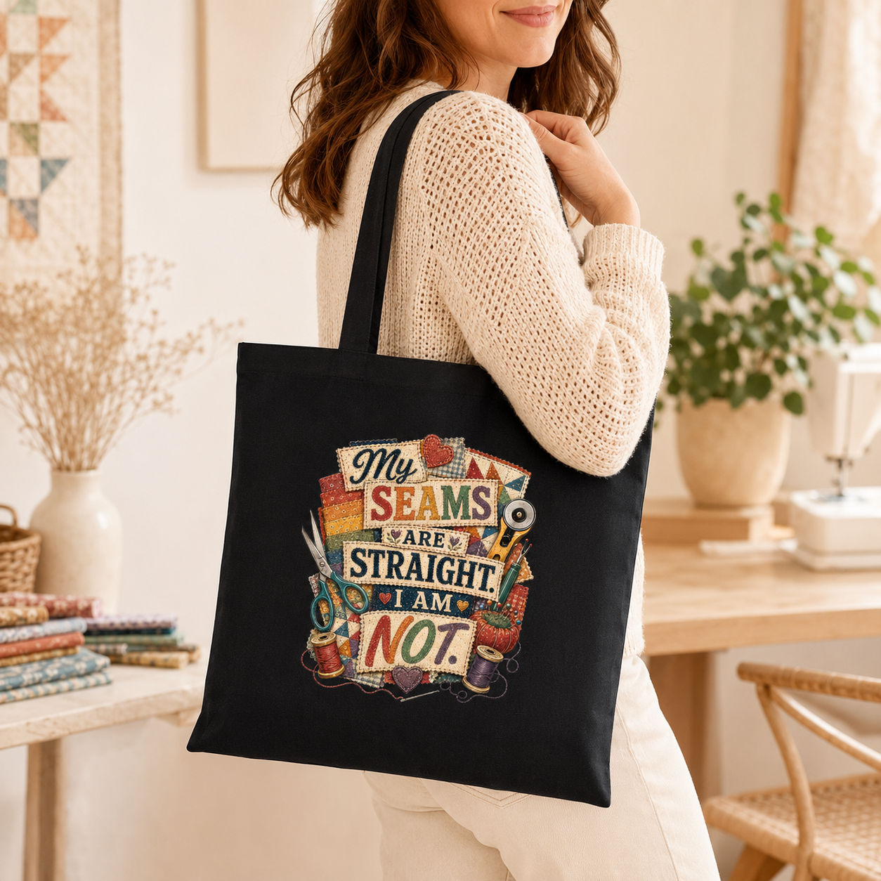 My Seams Are Straight. I Am Not. Black Cotton Tote Bag - Image 8