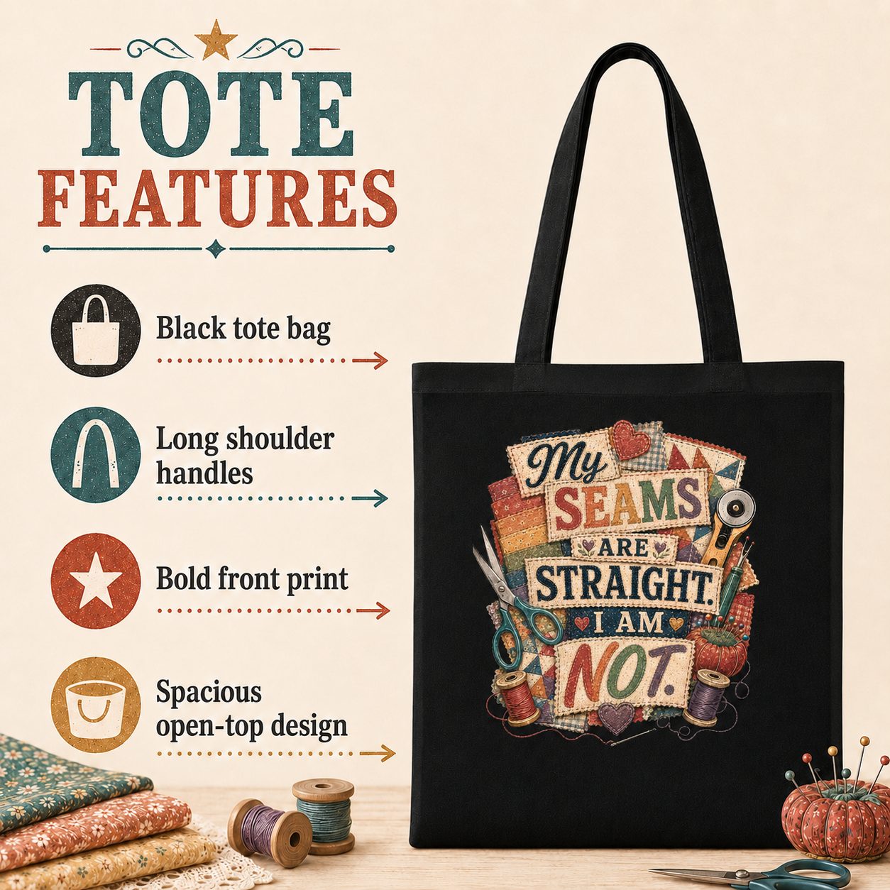 My Seams Are Straight. I Am Not. Black Cotton Tote Bag - Image 4
