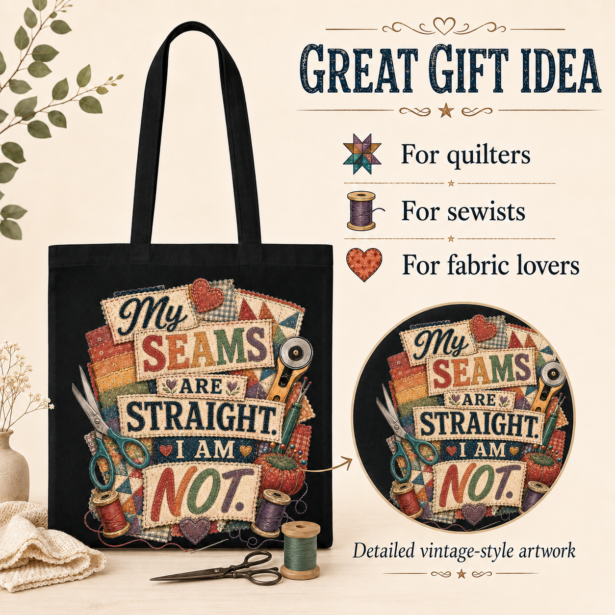 My Seams Are Straight. I Am Not. Black Cotton Tote Bag - Image 5