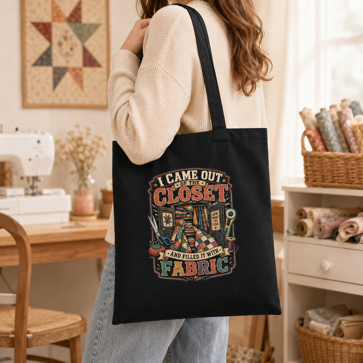 I Came Out of the Closet and Filled It With Fabric Black Cotton Tote Bag - Image 4