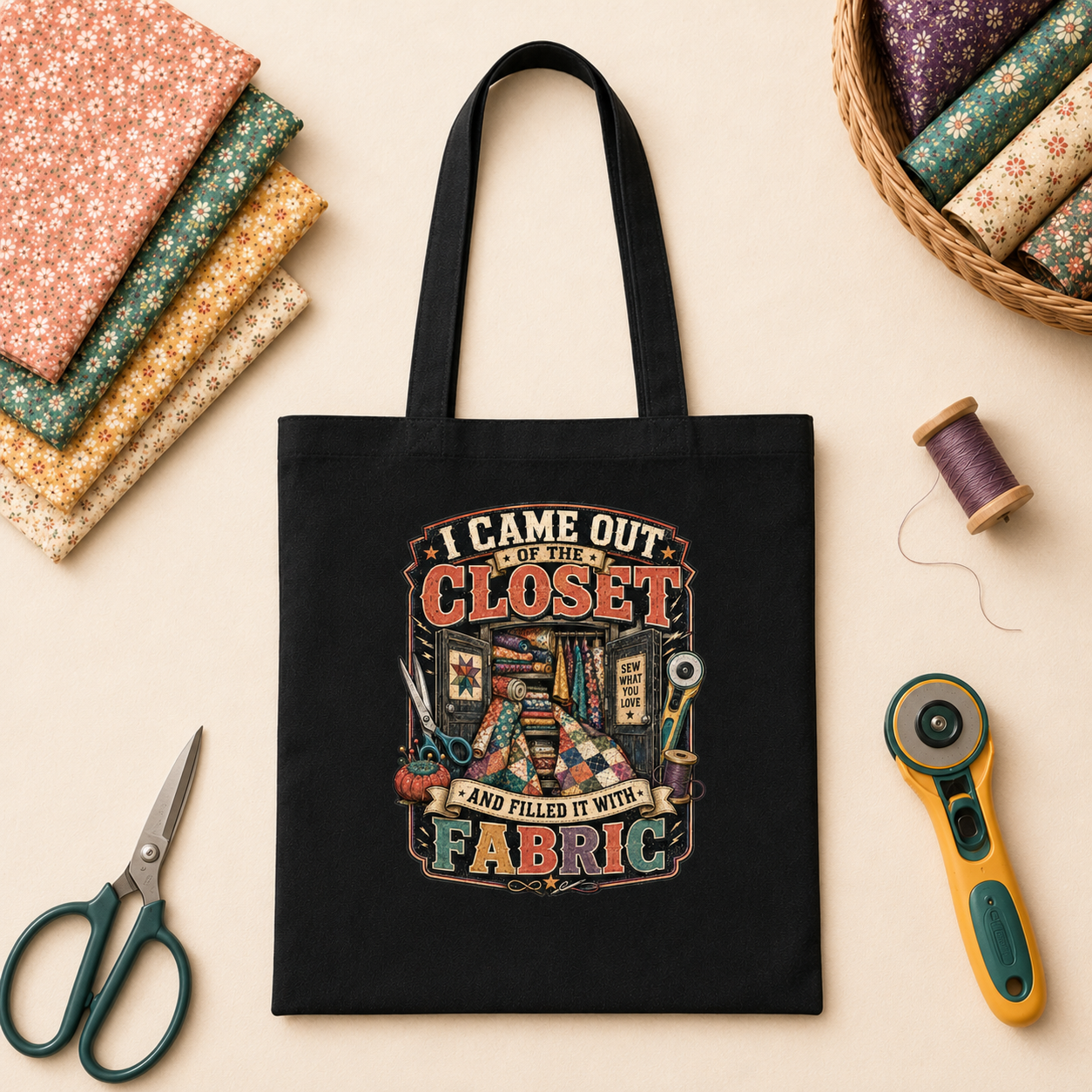 I Came Out of the Closet and Filled It With Fabric Black Cotton Tote Bag - Image 5