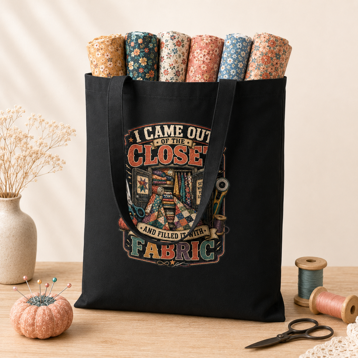 I Came Out of the Closet and Filled It With Fabric Black Cotton Tote Bag - Image 6