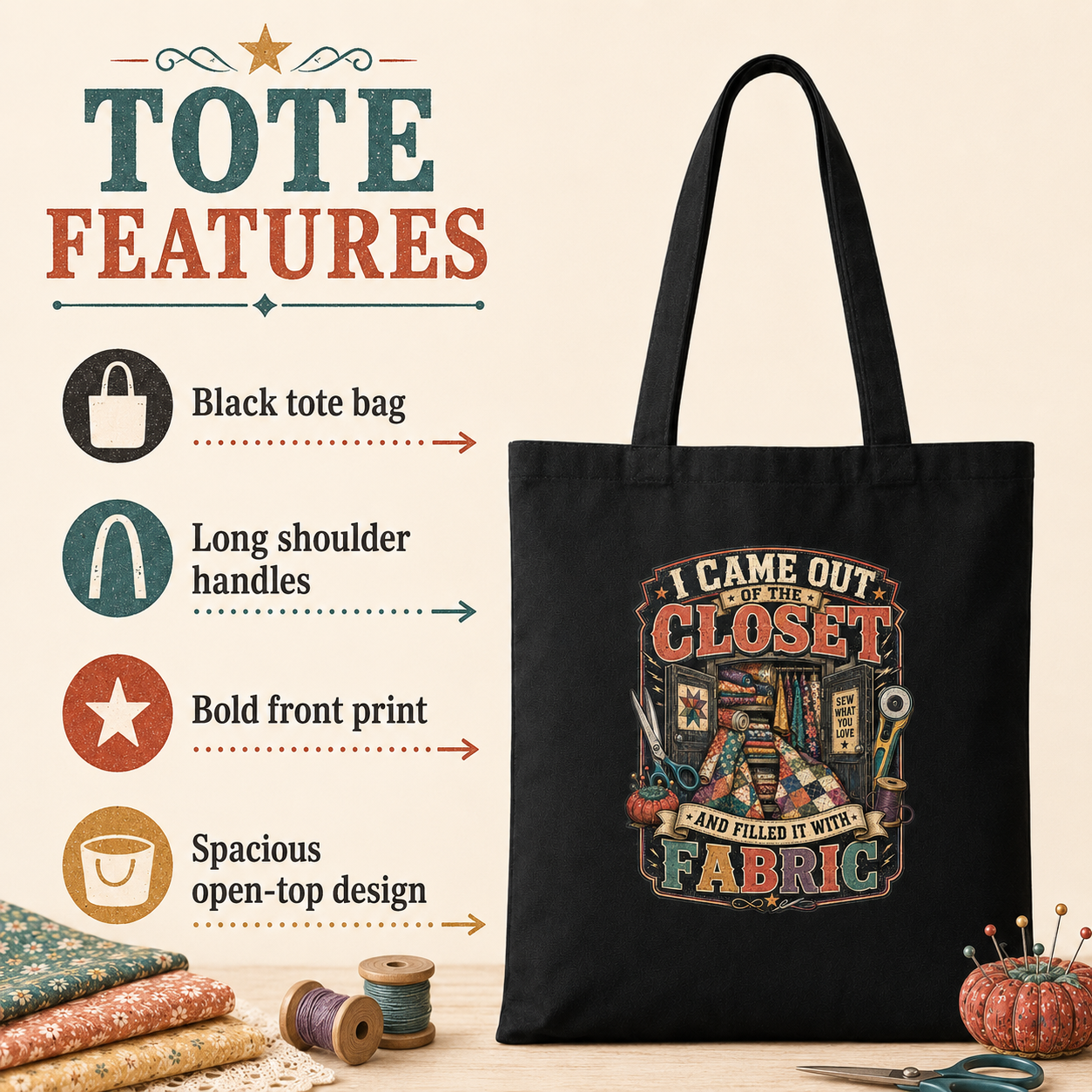 I Came Out of the Closet and Filled It With Fabric Black Cotton Tote Bag - Image 7