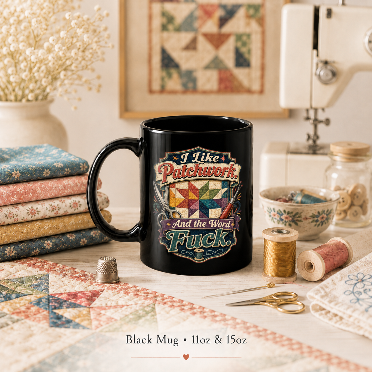 I Like Patchwork. And the Word Fuck. Black Ceramic Mug - Image 5