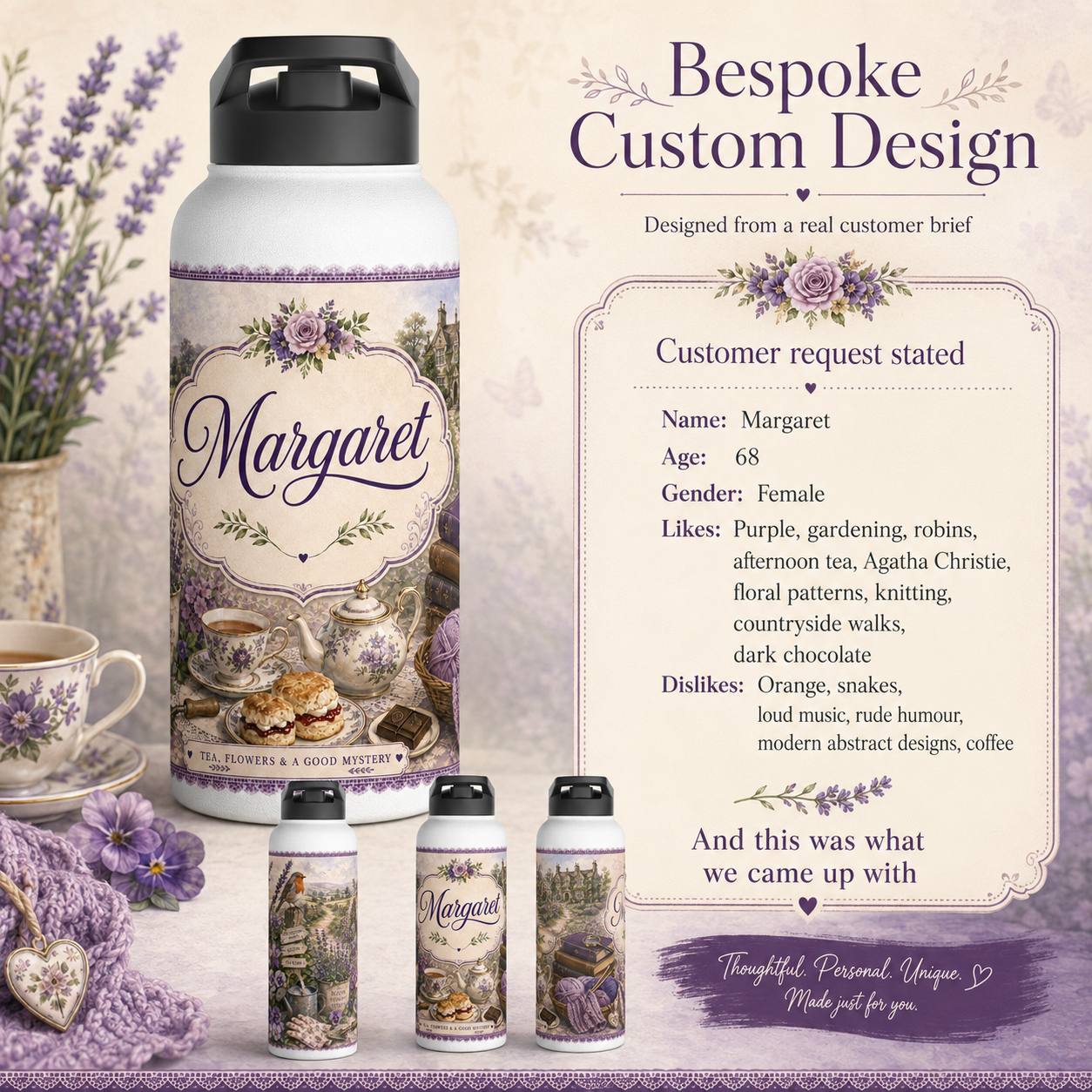 Margaret's bespoke bottle design based on her likes and dislikes