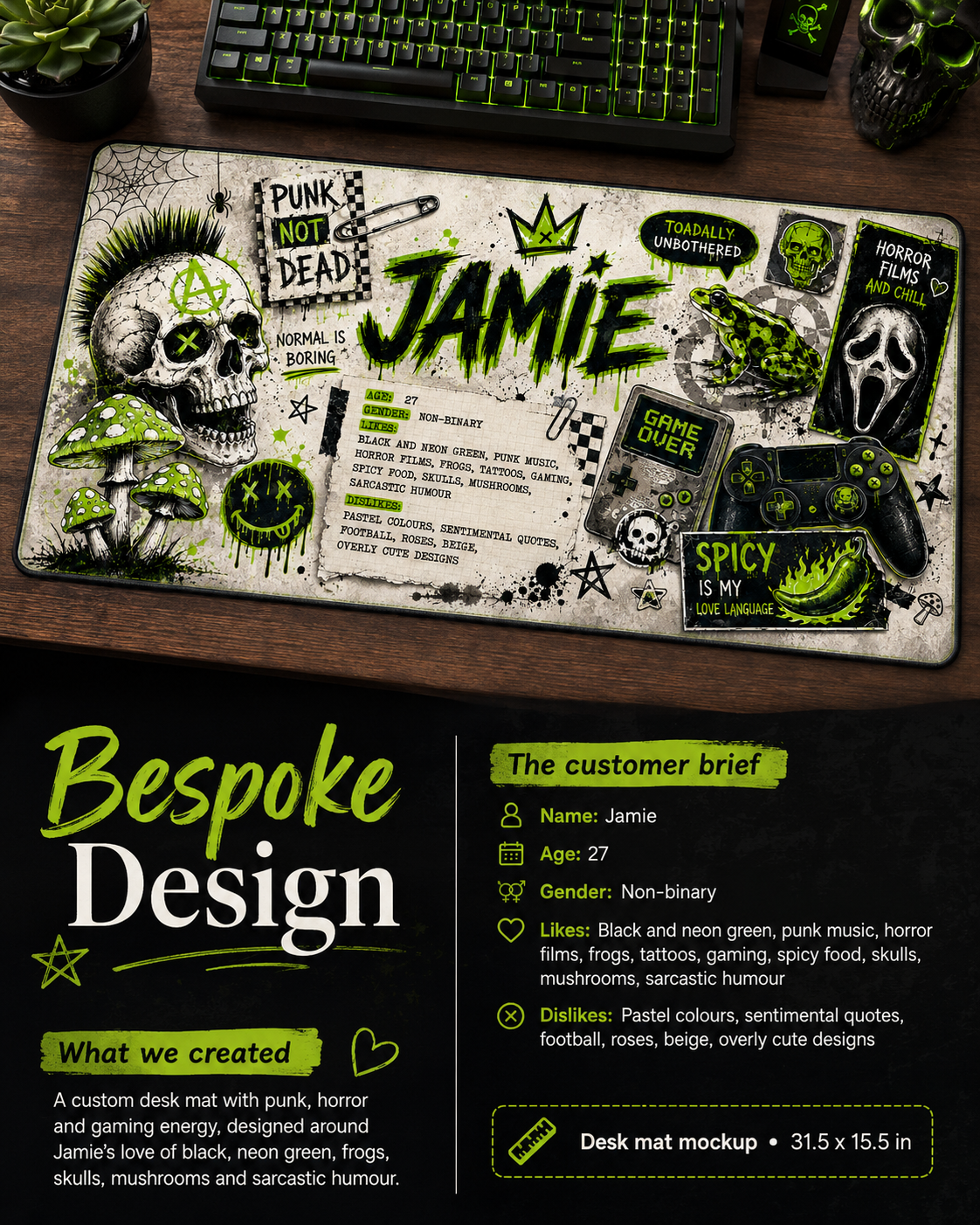 Jamie's bespoke punk and gaming desk mat created from their customer brief