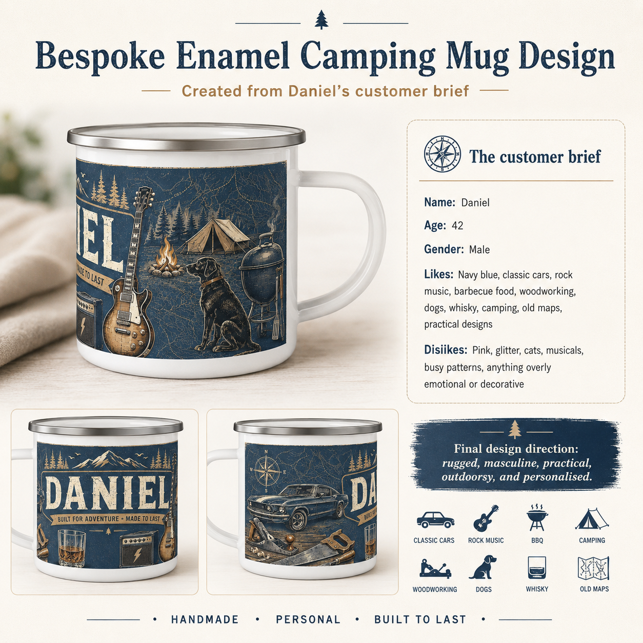 Daniel's bespoke enamel camping mug created from his customer brief