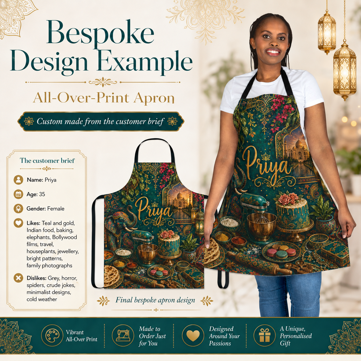 Priya's bespoke all-over-print apron created from her customer brief