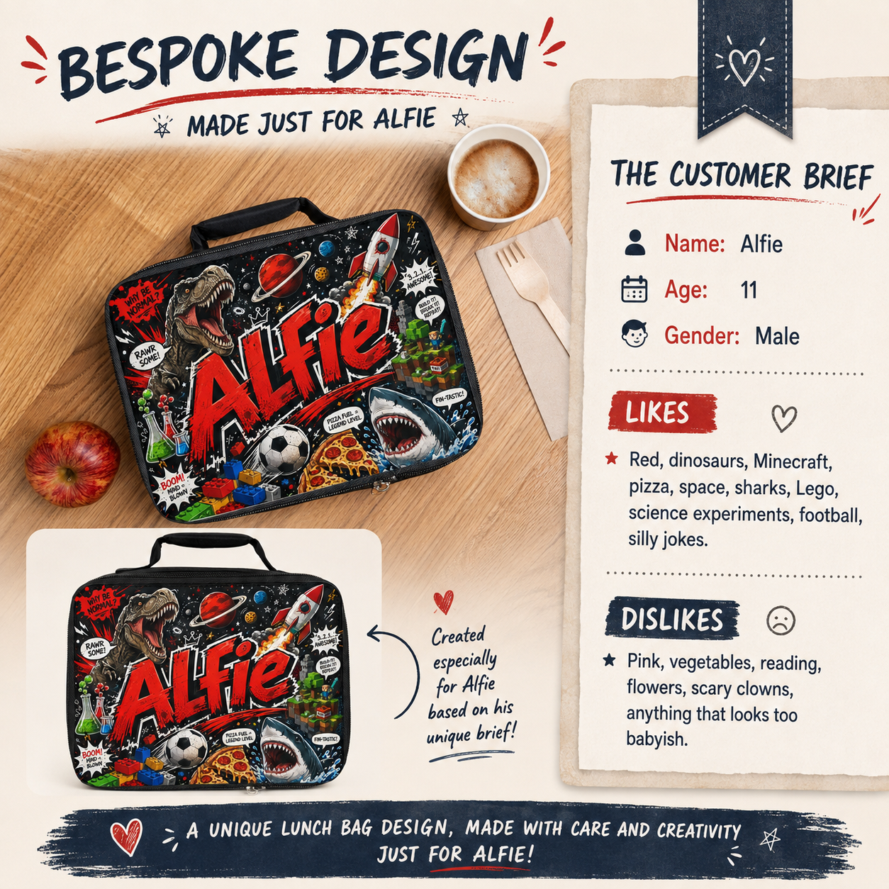 Alfie's bespoke lunch bag created from his customer brief